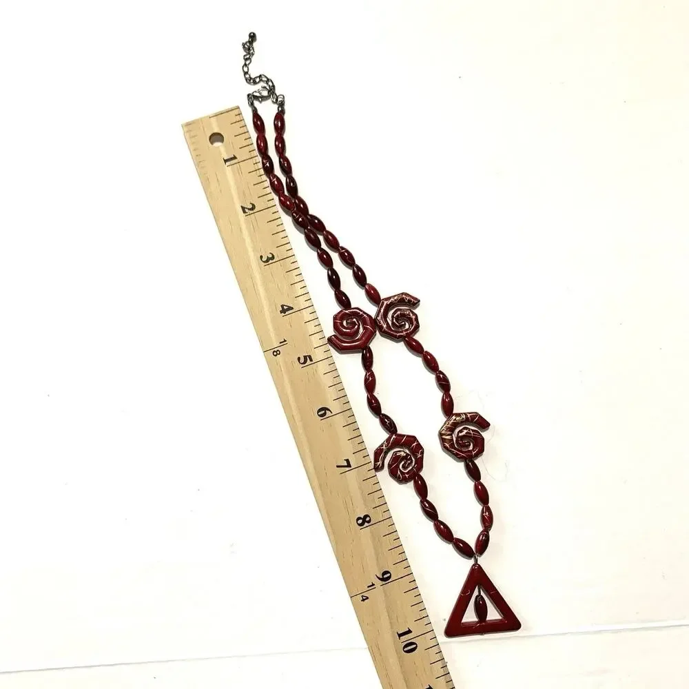Vintage Acrylic Red Bead Necklace Deep Cherry Red w/ Swirls Gold Accents ~18